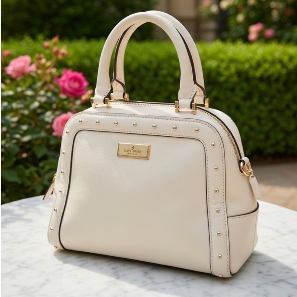 Kate Spade New York Studded Leather Satchel Bag Off‎ White Gold Hardware